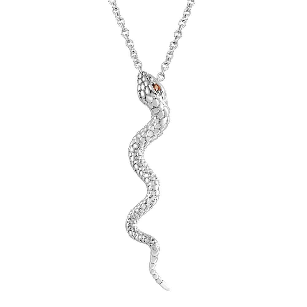 SIRI Sterling Silver Rhodium Plated Garnet Cubic Zirconia On Eyes Serpent Pendant Necklace 18", Women's Product Image