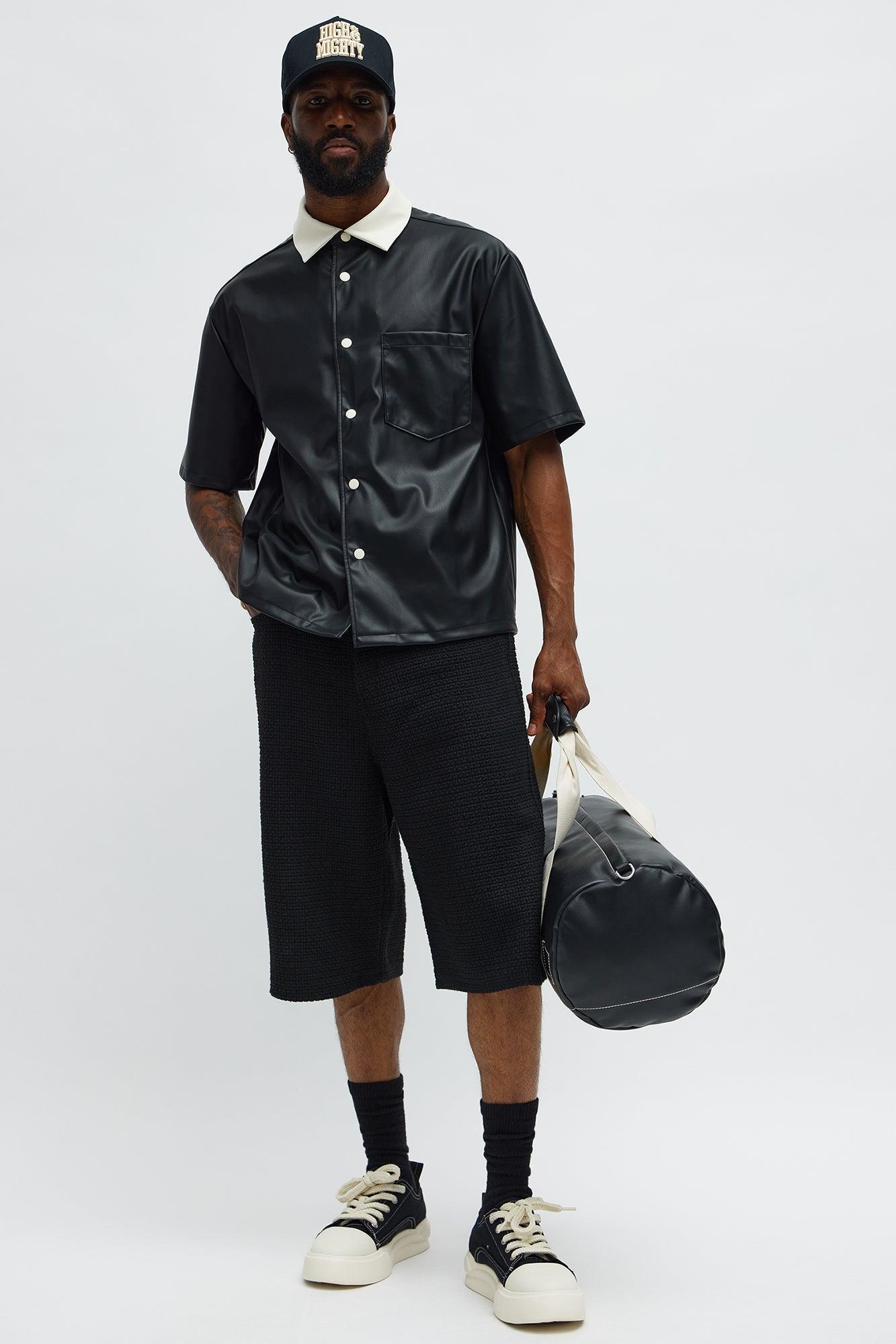 Cropped Colored Collar Faux leather Button Up Shirt - Black Product Image