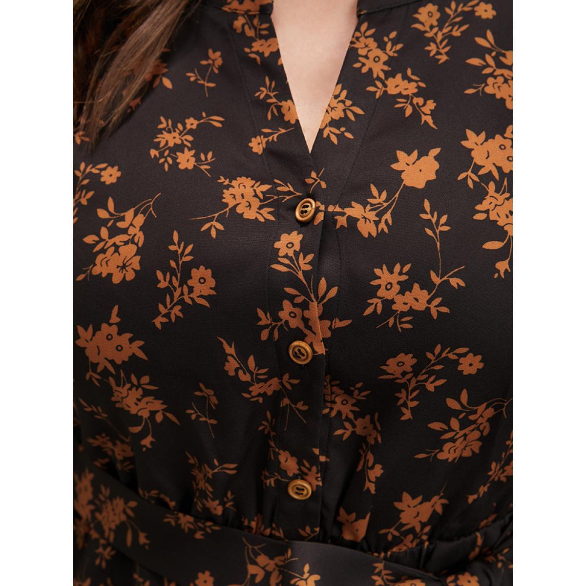 Plus Size Ditsy Floral Pocket Belted Lantern Sleeve Midi Dress Black Women Elegant Button V-neck Long Sleeve Curvy Midi Dress BloomChic 14-16/1X Product Image