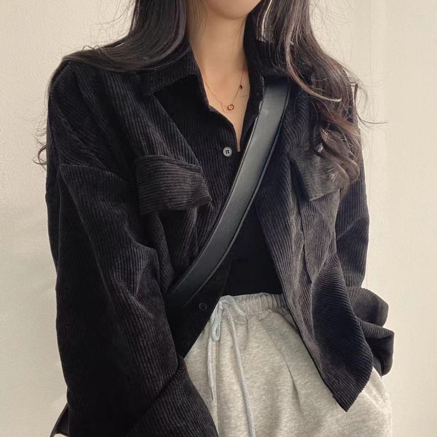 Plain Corduroy Loose-Fit Crop Shirt Jacket Product Image