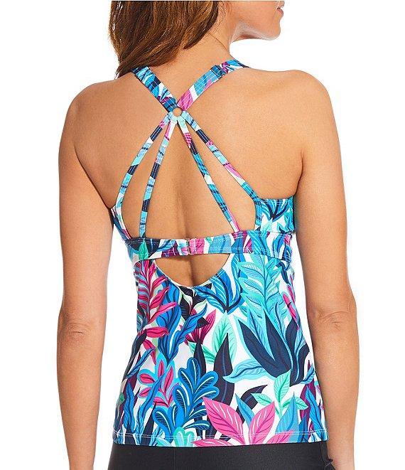 Athena Next by Athena Rainforest Lunge Leaf Print V-Neck D-Cup Cross Back Tankini Sport Swim Top Product Image