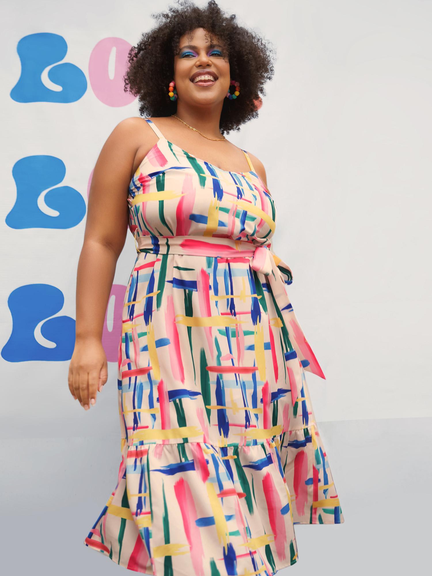 Plus Size Colored Brush Print Belted Midi Cami Dress Multicolor Women Casual Belted V-neck Sleeveless Curvy BloomChic 30/6X Product Image