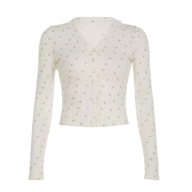 Long Sleeve Floral Print Lace-Trim Slim-Fit Light Cardigan Product Image