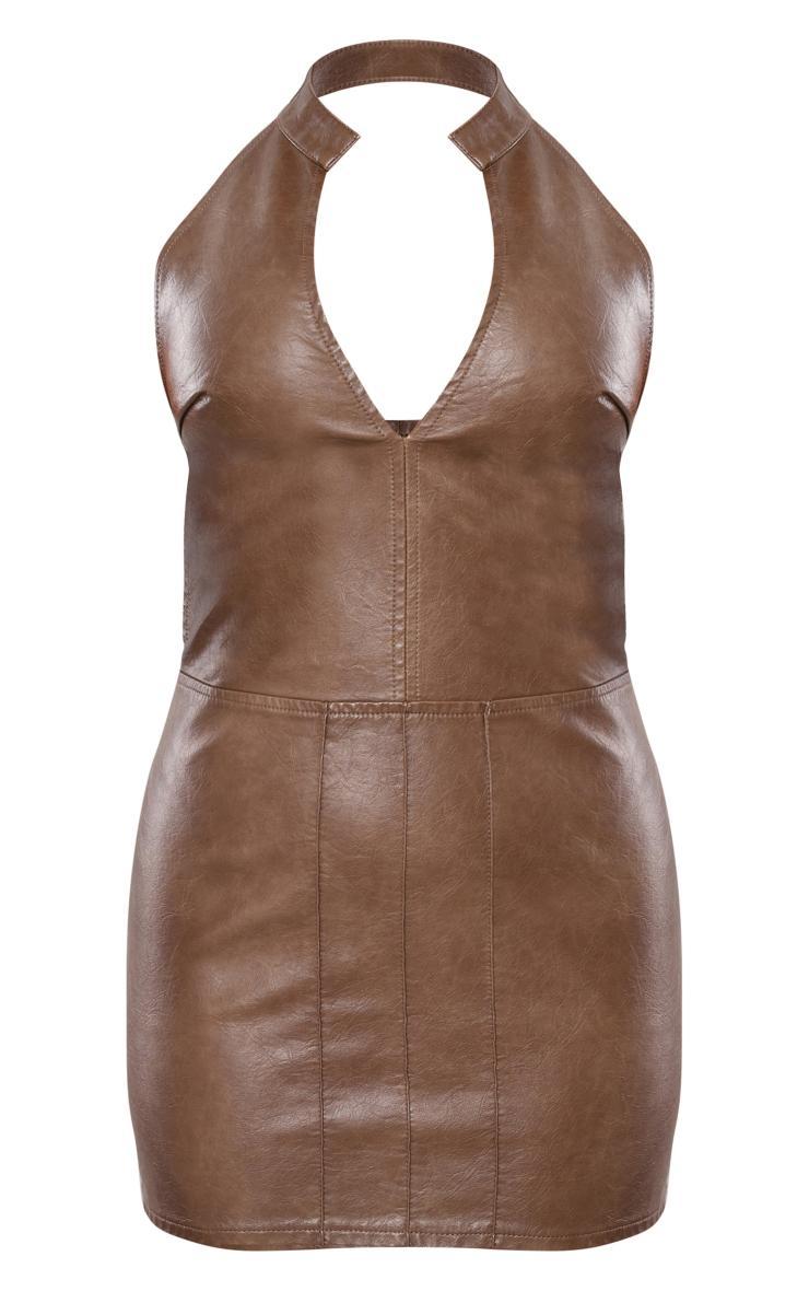 Brown Faux Leather Halterneck Low Back Bodycon Dress Product Image