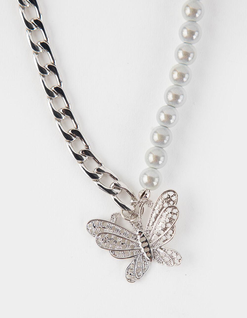 FULL TILT Butterfly & Pearl Chain Necklace - SILVER Product Image