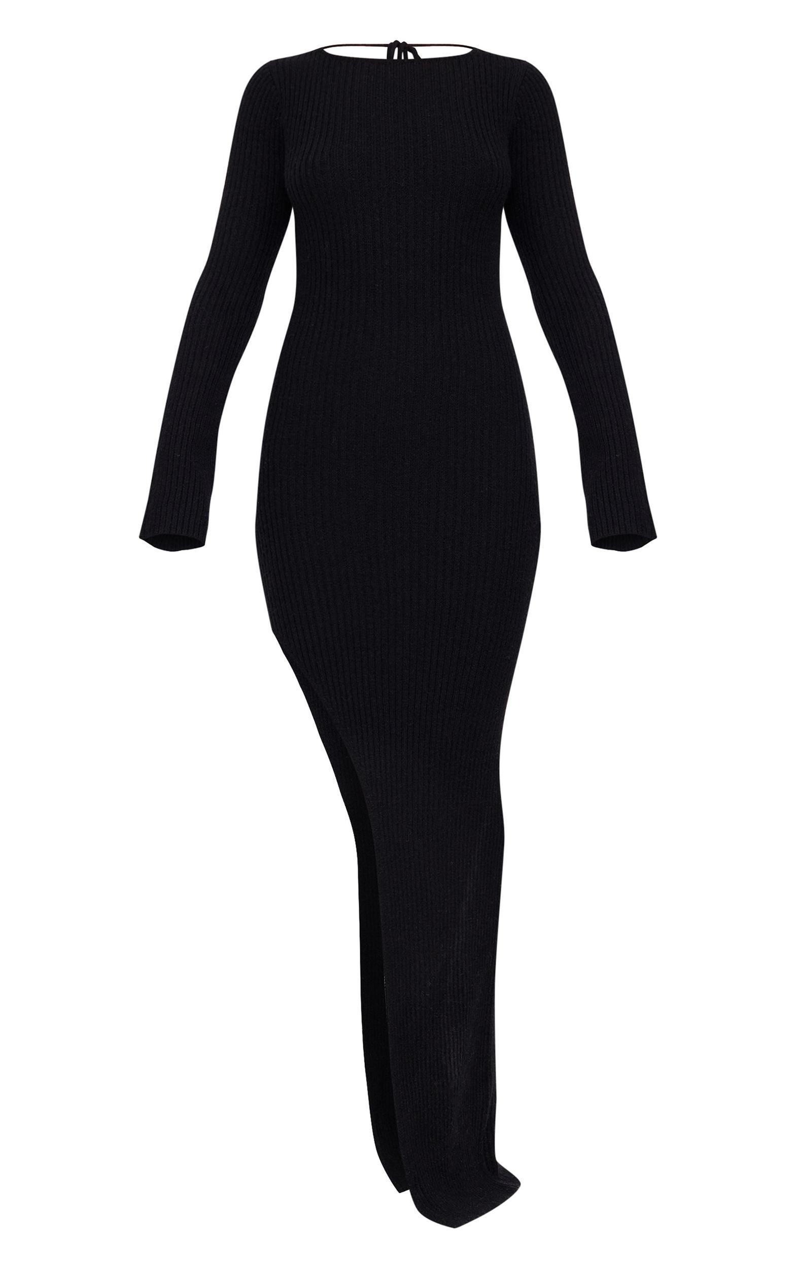 Black Rib Knit Low Back Long Sleeve Maxi Dress Product Image