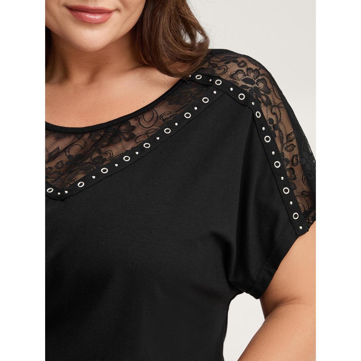 Plus Size Lace Trim Sheer Solid T-Shirt Black Women Round Neck Everyday-Casual T-shirts BloomChic 18-20/2X Product Image