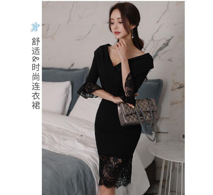 3/4-Sleeve V-Neck Lace Panel Midi Sheath Dress Product Image