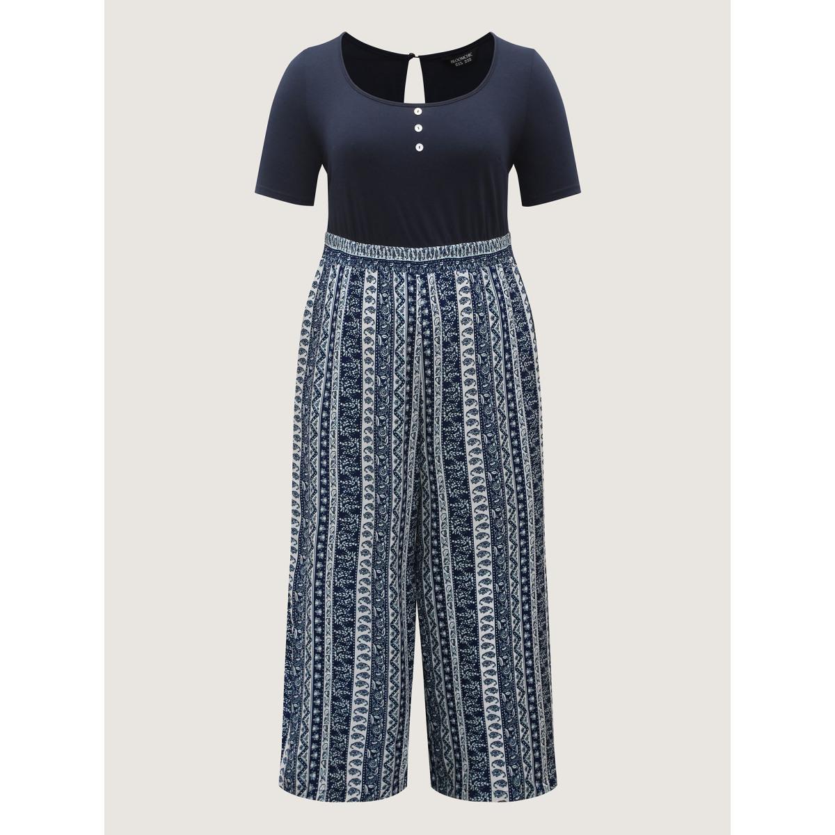 Plus Size Indigo Boho Striped Shirred Contrast Jumpsuit Women Short sleeve U-neck Vacation Loose Jumpsuits BloomChic 18-20/2X Product Image