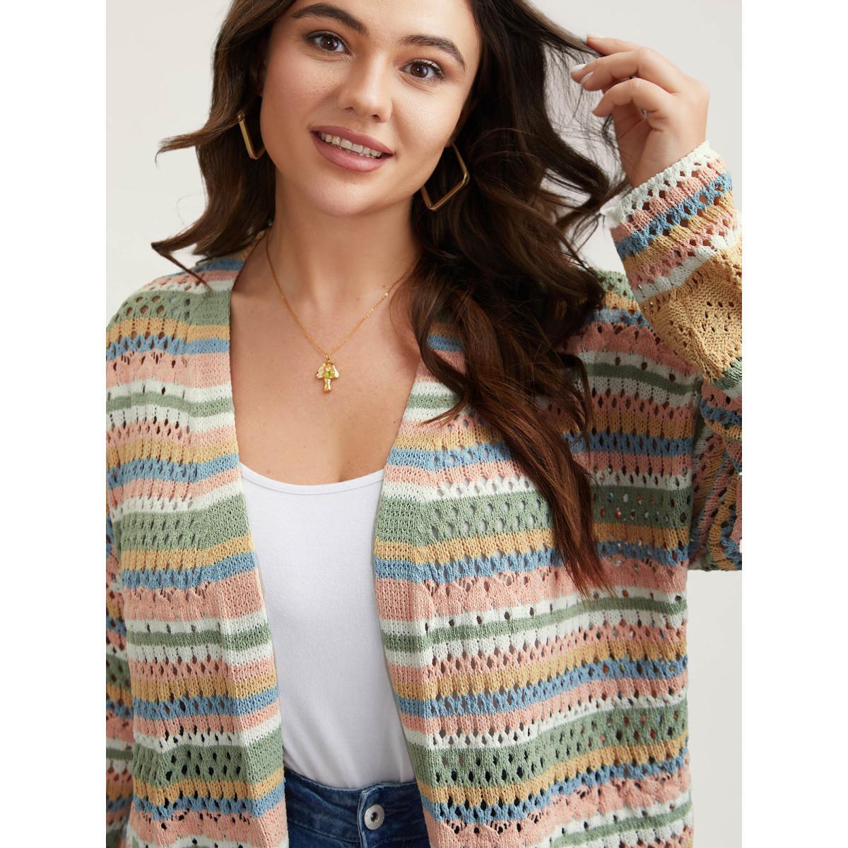 Plus Size Striped Color Contrast Cut-Out Cardigan Multicolor Women Casual Loose Long Sleeve Everyday Cardigans BloomChic 26/4X Product Image