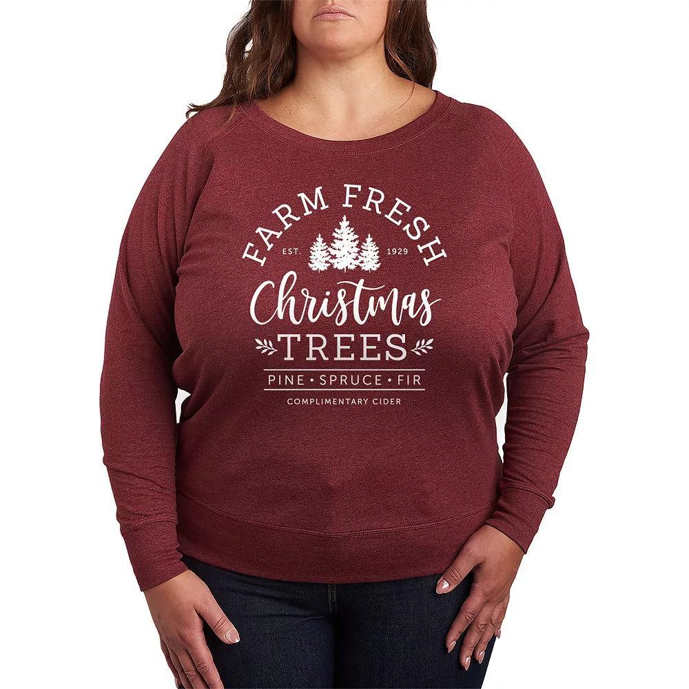 Plus Size Farm Fresh Christmas Trees French Terry Long Sleeve Tee, Women's, Size: 1XL, Grey Dark Red Product Image