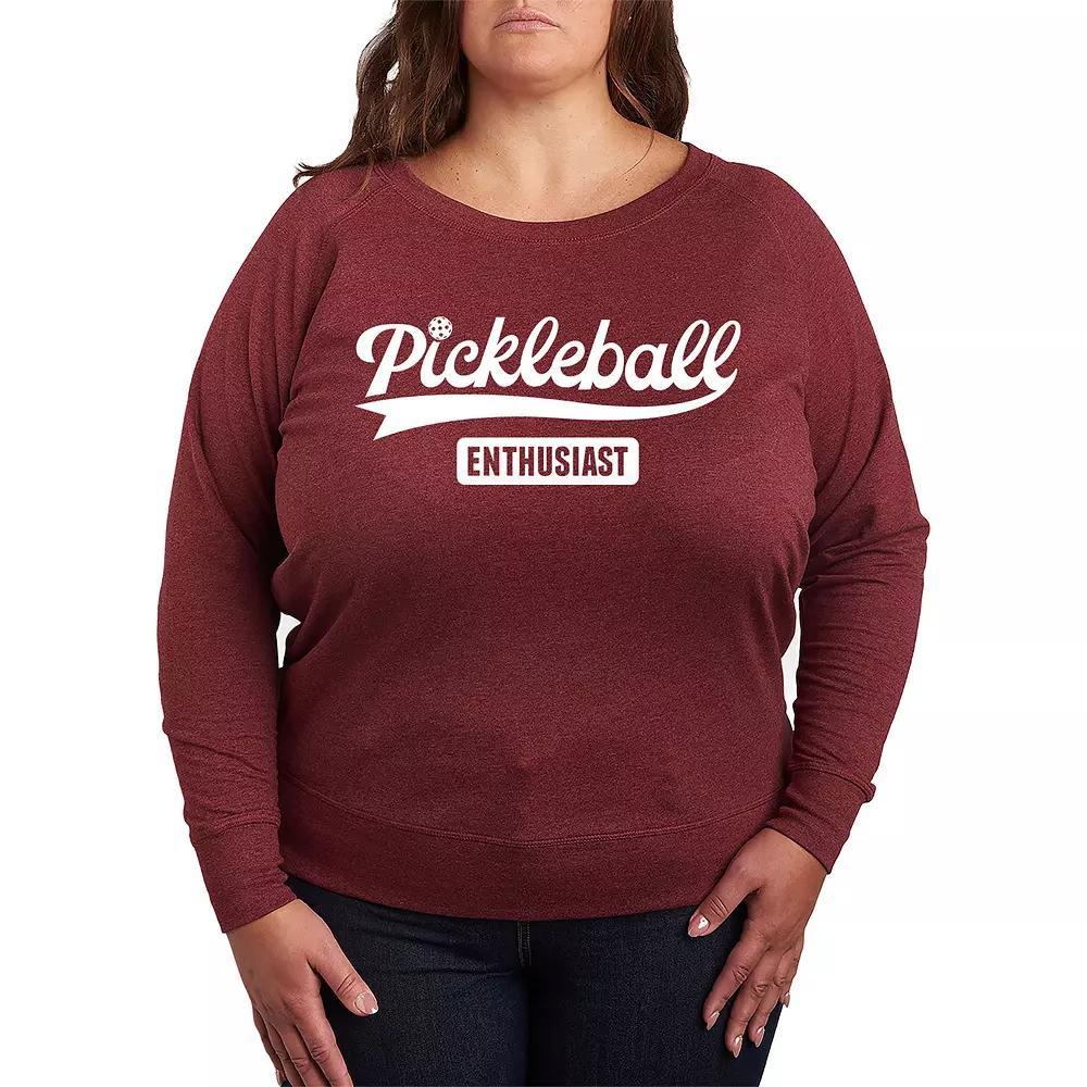 Plus Size Pickleball Enthusiast French Terry Long Sleeve Tee, Womens Grey Maroon Product Image