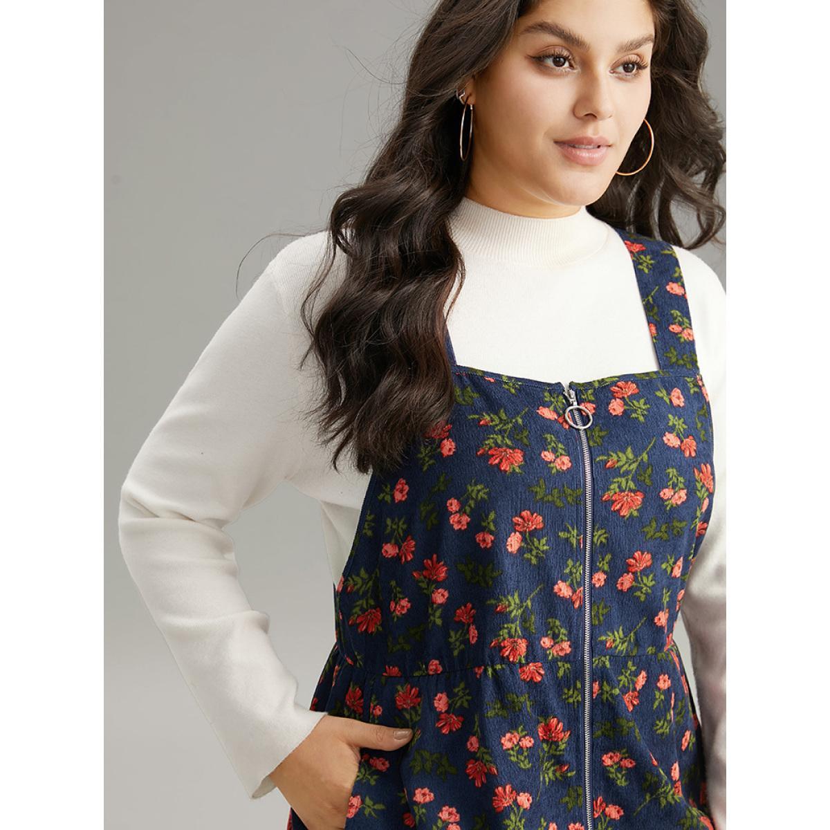 Plus Size Ditsy Floral Corduroy Pocket Zipper Fly Cami Dress Stone Women Casual Printed Square Neck Sleeveless Curvy Knee Dress BloomChic 14-16/1X Product Image