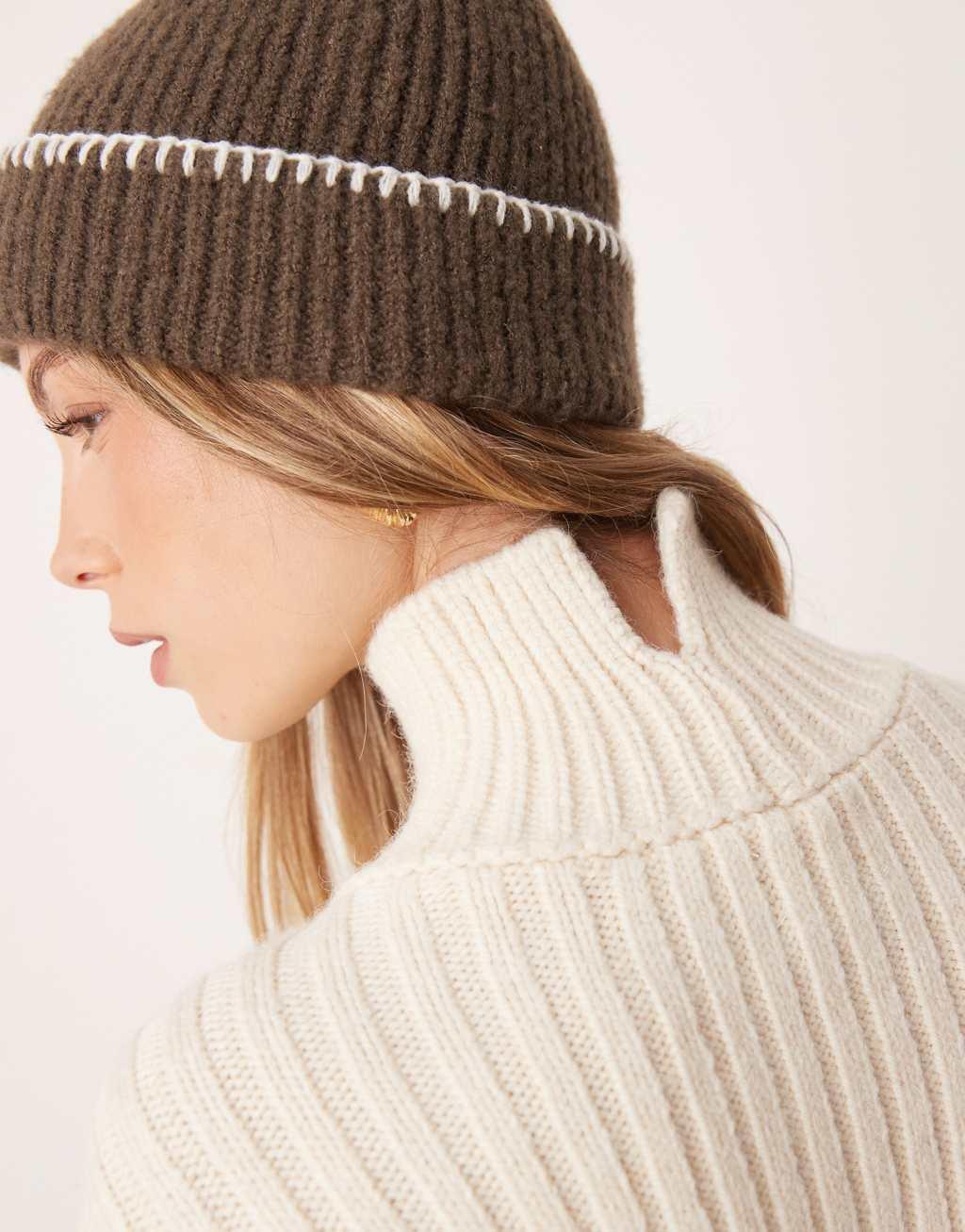 ASOS DESIGN knit funnel neck sweater with structured sleeve in cream Product Image