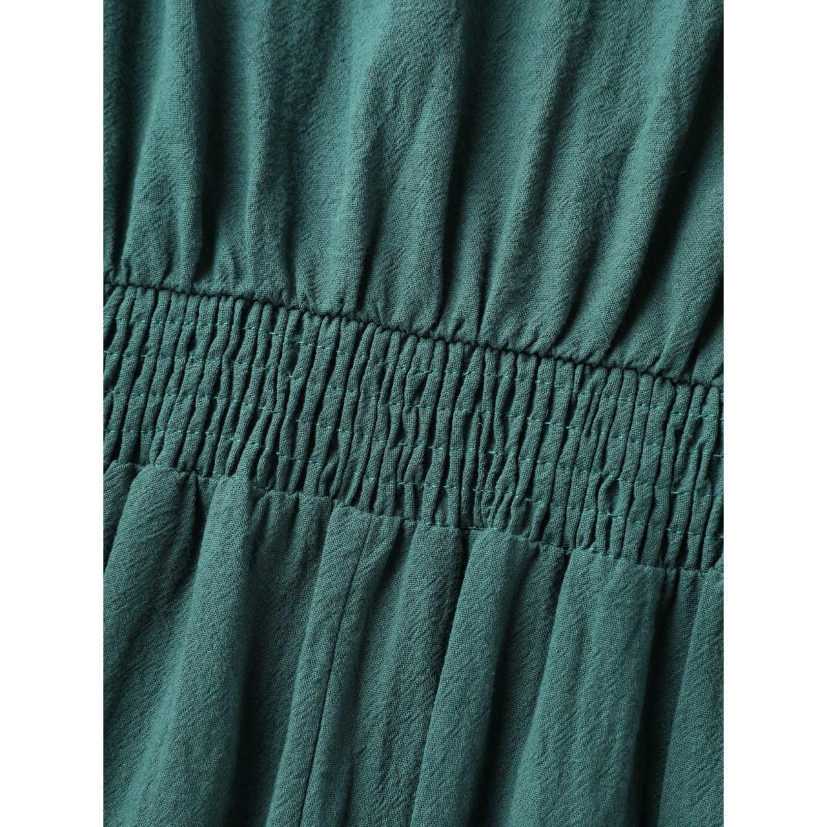 Plus Size Pure Cotton Button Gathered Sleeve Midi Dress Teal Women Gathered V-neck Elbow-length sleeve Curvy BloomChic 30/6X Product Image