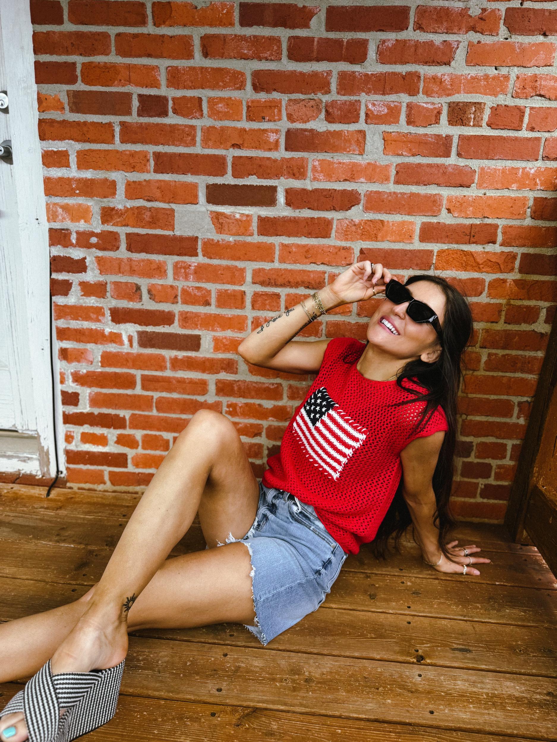 American Flag Crochet Knit Sweater Top Product Image
