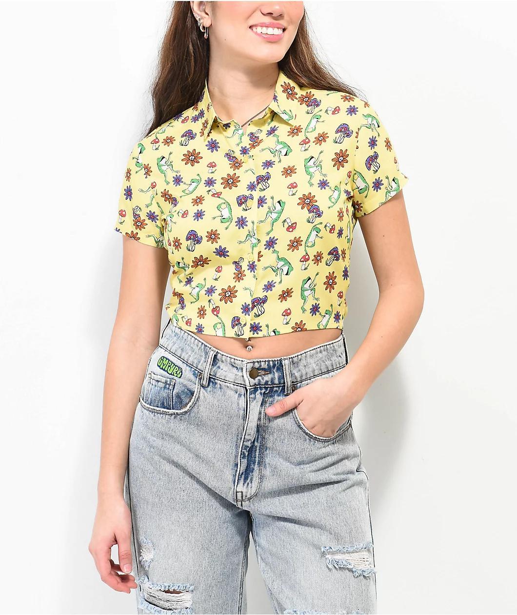 A.LAB Goldie Frog Print Yellow Crop Shirt Product Image