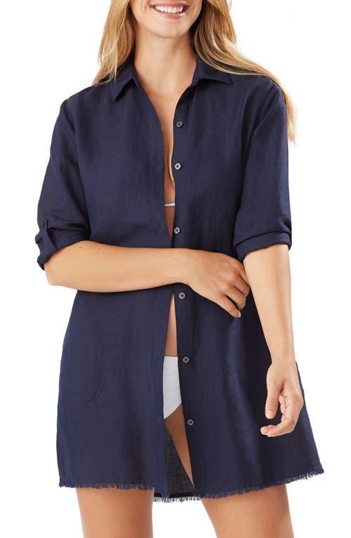 Tommy Bahama St. Lucia Point Collar Short Roll-Tab Sleeve Fray Hem Button Front Boyfriend Swim Cover Up Product Image