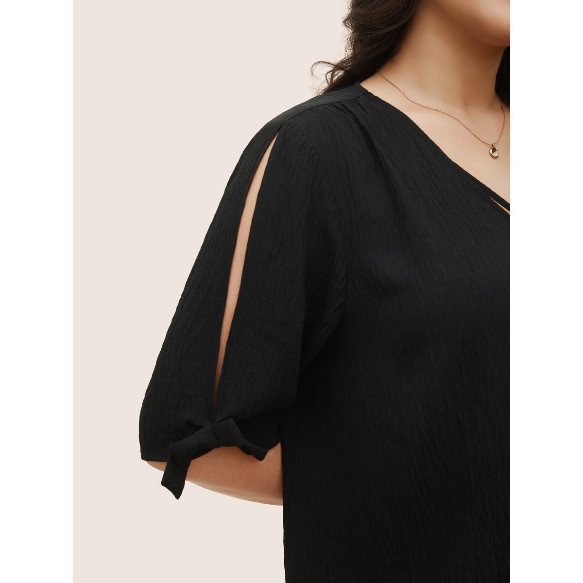 Plus Size Black Stretchy Woven Bowknot Cut Out Gathered Crisscross Blouse Women At the Office Half Sleeve V-neck Work Blouses BloomChic 14-16/1X Product Image