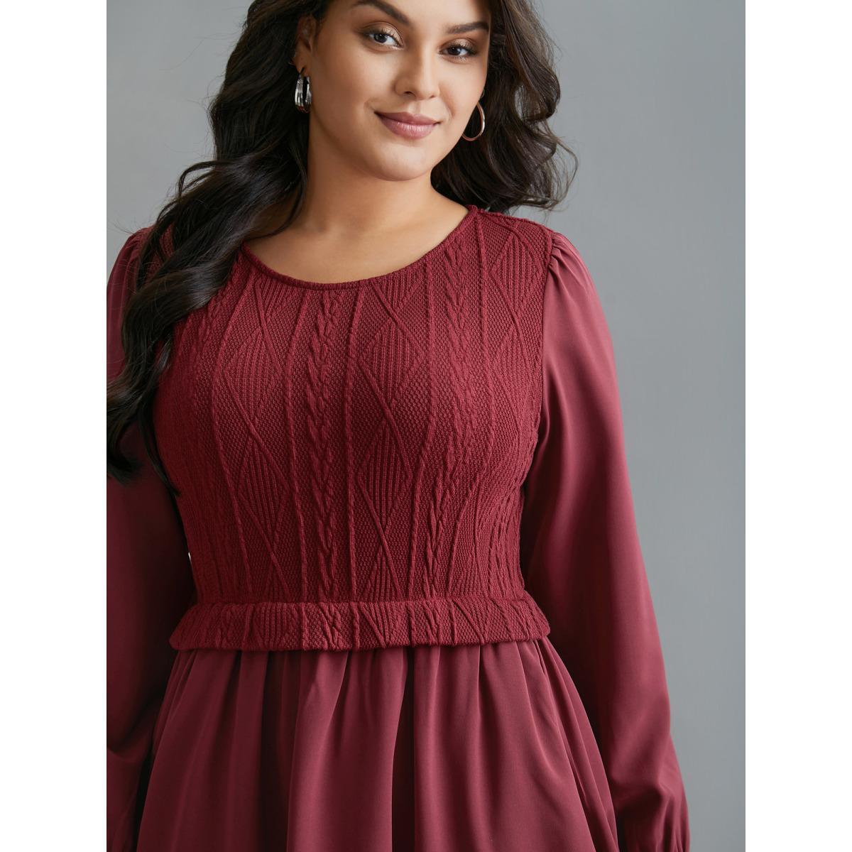 Plus Size Solid Cable Knit Lantern Sleeve Dress Burgundy Women Casual Texture Round Neck Long Sleeve Curvy BloomChic 12/L Product Image