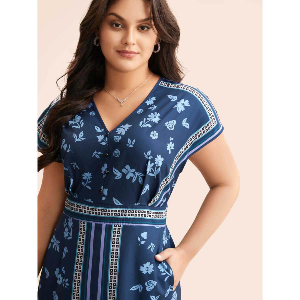 Plus Size Boho Print Shirred Dolman Sleeve Dress Navy Women Elegant Pleated V-neck Short sleeve Curvy BloomChic 26/4X Product Image