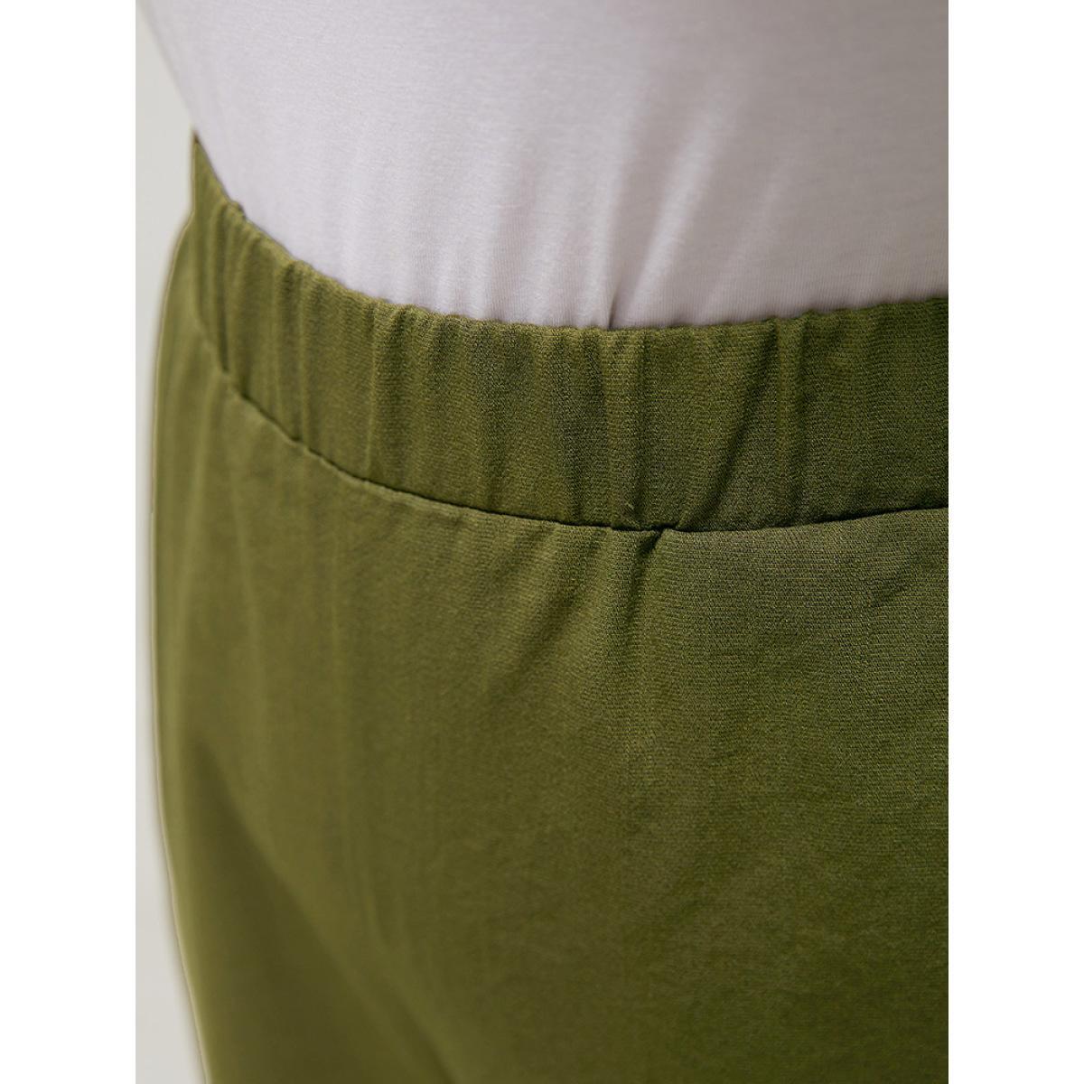 Plus Size Plain Pocket Elastic Waist Pompom Detail Split Pants Women ArmyGreen Elegant Mid Rise Dailywear Pants BloomChic 26/4X Product Image