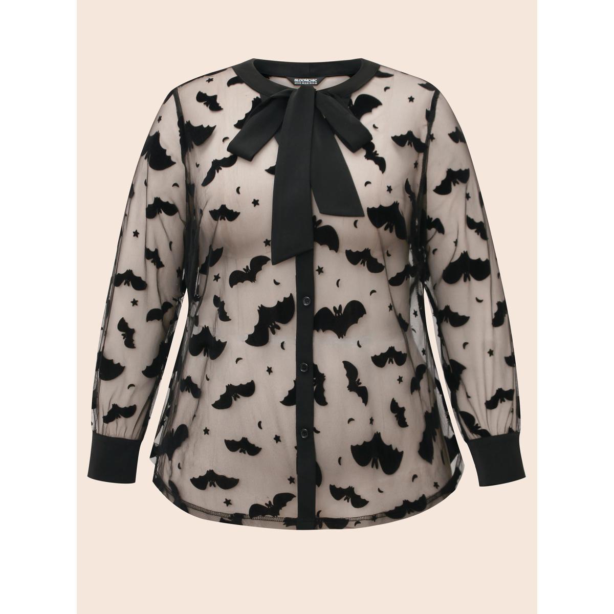 Plus Size Black Bats & Bows Ribbon Collar Blouse Women Elegant Long Sleeve Ribbon-tied collar Everyday Blouses BloomChic 22-24/3X Product Image