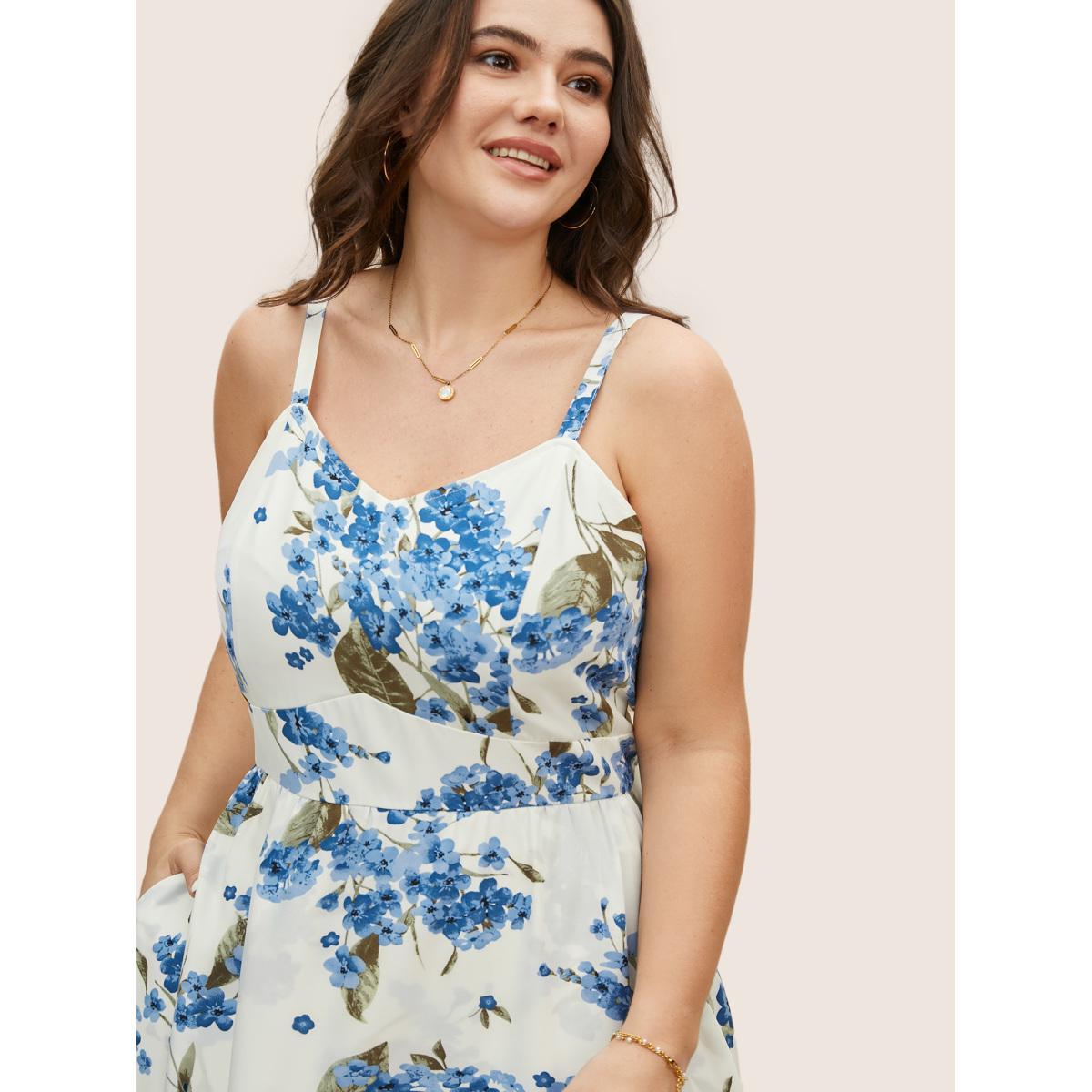 Plus Size Floral Print Ruffles Elastic Waist Cami Dress Mediumblue Women Elegant Non Sleeveless Curvy BloomChic 14-16/1X Product Image
