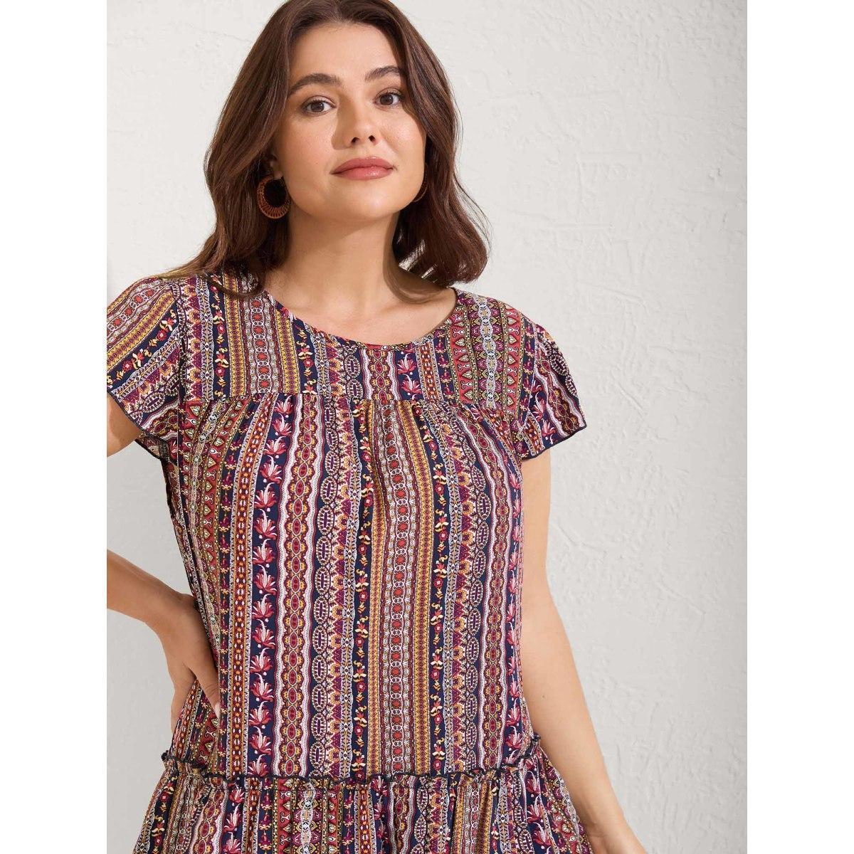 Plus Size Midnight Boho Stripes Tiered Ruffle Blouse Women Cap Sleeve Round Neck Vacation Blouses BloomChic 18-20/2X Product Image