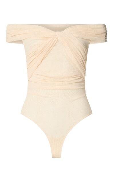 Carina Bodysuit - Twist Front Off Shoulder Mesh Bodysuit in Cream Product Image
