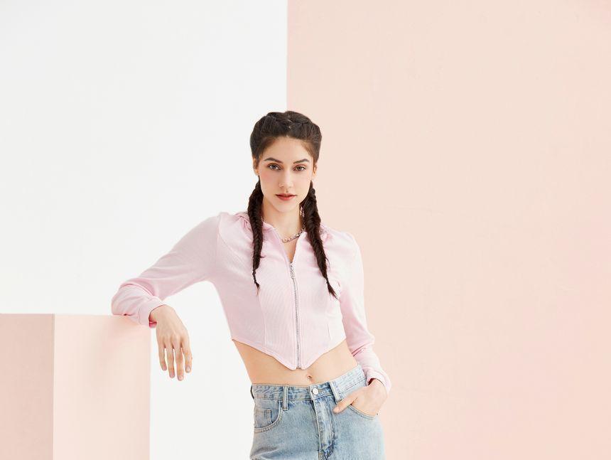 Eco-Friendly Long Sleeve Asymmetrical Zip-Up Crop Hoodie Product Image