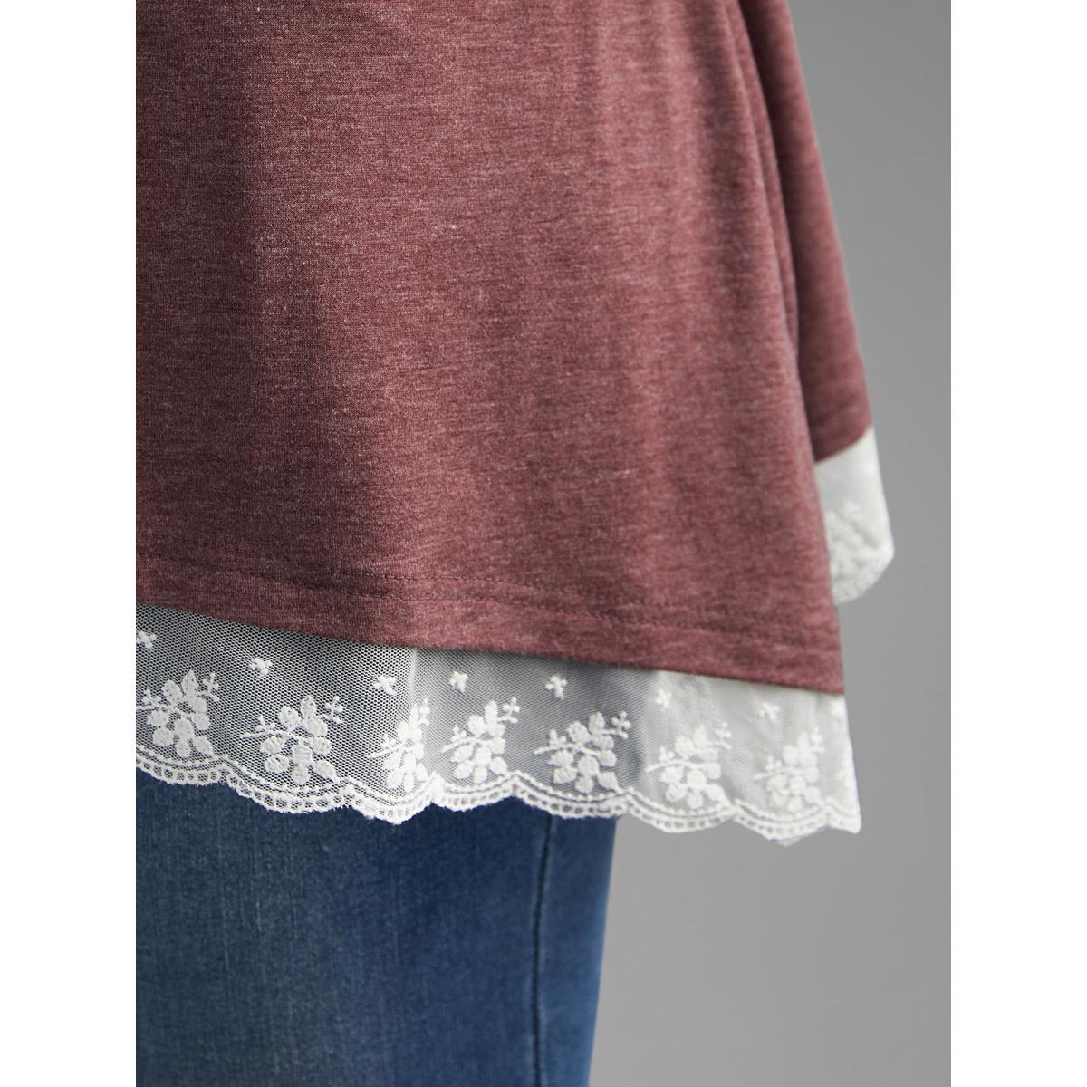 Plus Size Boat Neck Contrast Lace Panel T-shirt Deepred Women Casual Contrast Boat Neck Loose Everyday T-shirts BloomChic 14-16/1X Product Image