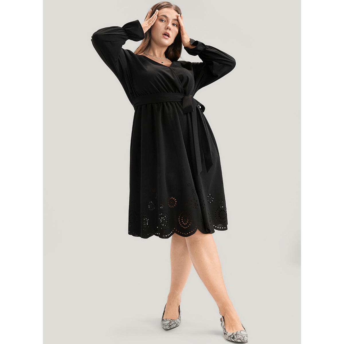 Plus Size Solid Wrap Pocket Belted Laser Cut Knee Dress Black Women Elegant Plain V-neck Long Sleeve Curvy Knee Dress BloomChic 26/4X Product Image