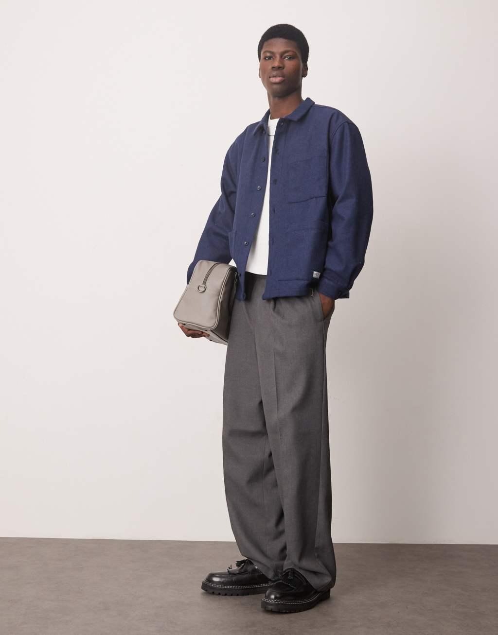 ASOS DESIGN oversized boxy zip through shirt with brushed finish and woven tab in navy Product Image