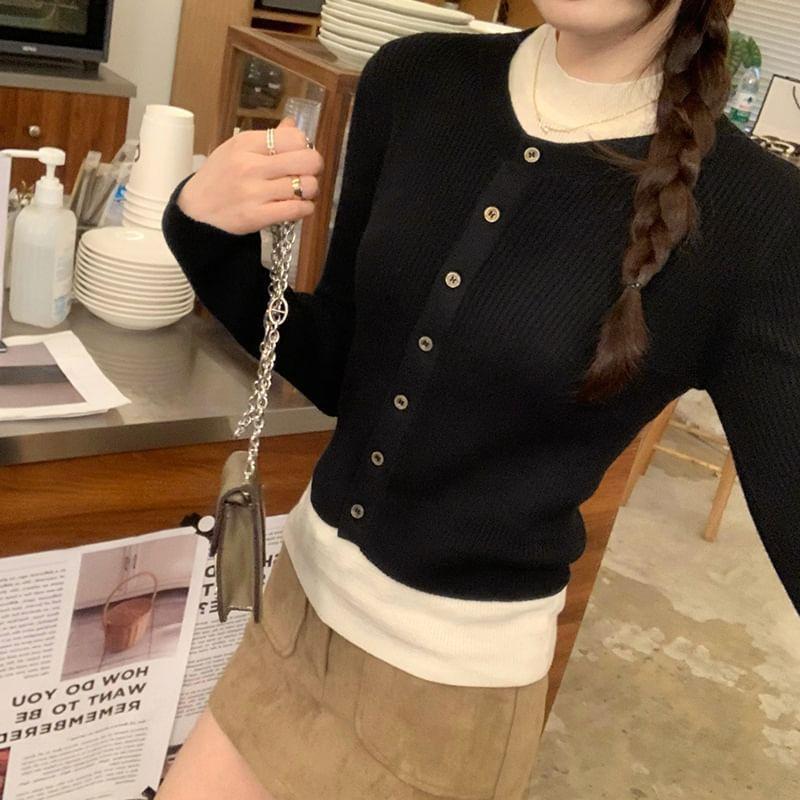 Long Sleeve Mock Neck Mock Two Piece Button Up Ribbed Knit Top Product Image