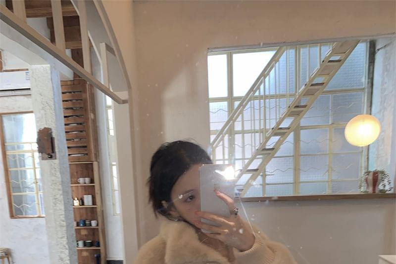 Stand Collar Plain Pom Pom Fluffy Zip-Up Jacket Product Image
