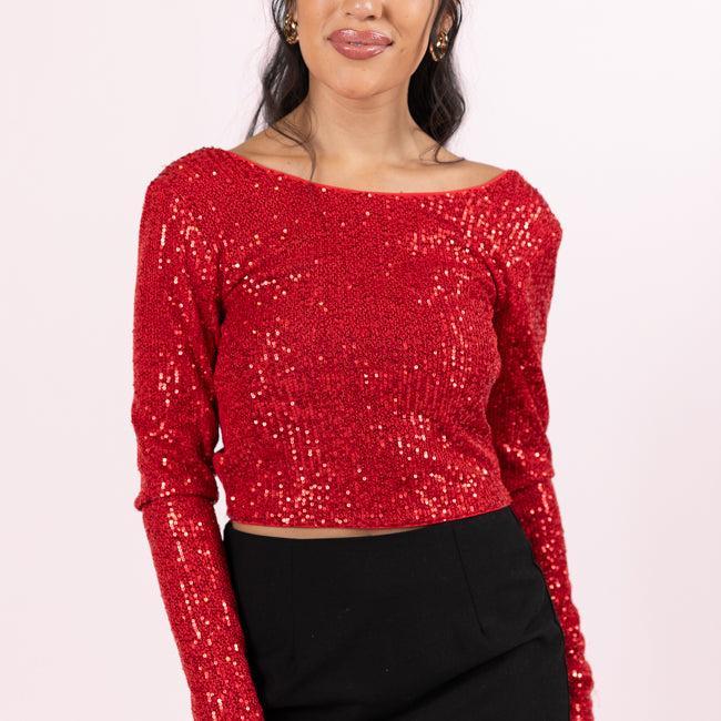 Tidings To You Red Smocked Back Sequin Top  FINAL SALE Product Image