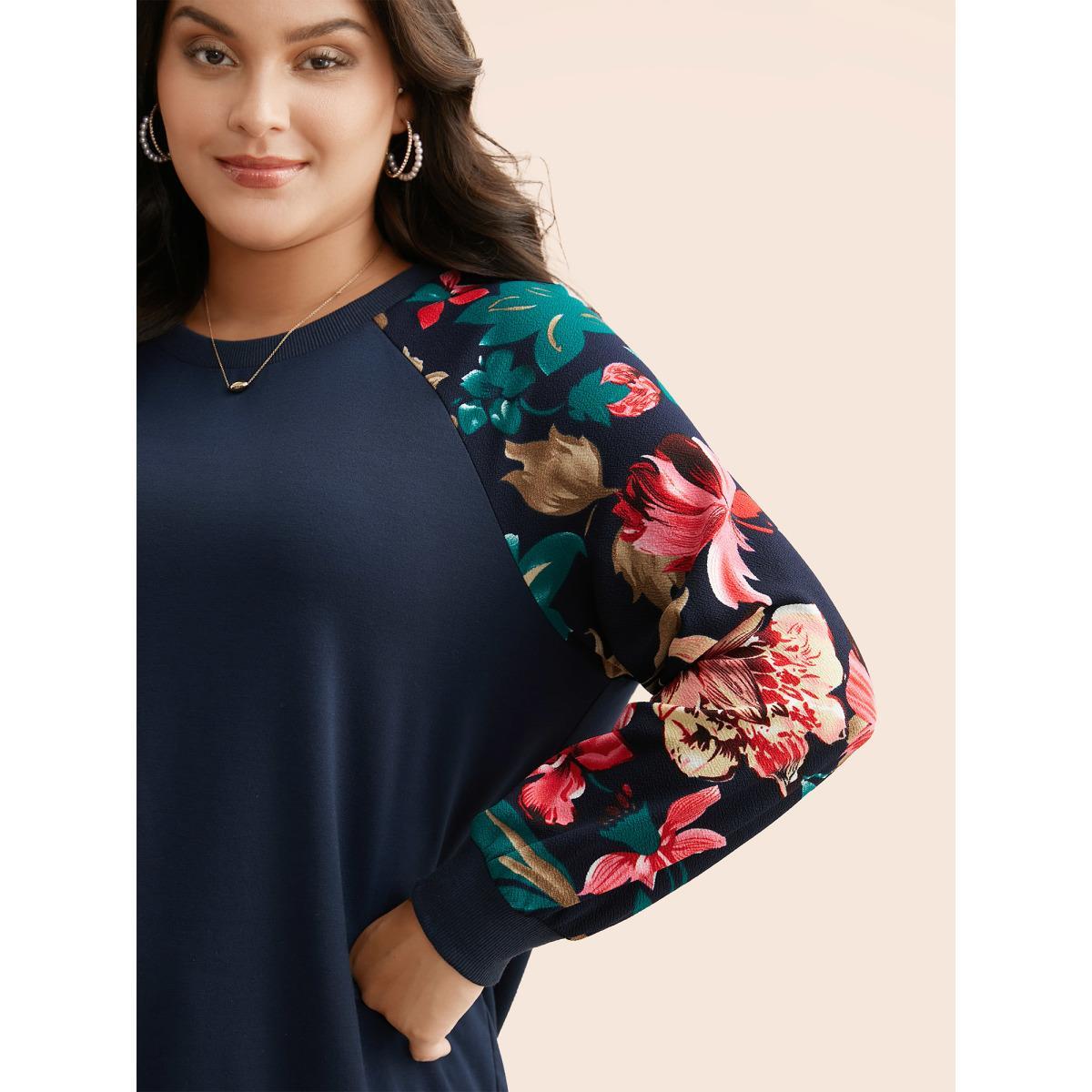Plus Size Floral Patchwork Raglan Sleeve Sweatshirt Women DarkBlue Elegant Contrast Round Neck Everyday Sweatshirts BloomChic 22-24/3X Product Image