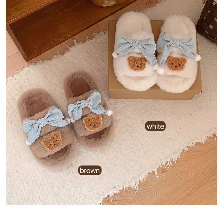 Bear Applique Bow Fluffy Slippers Product Image