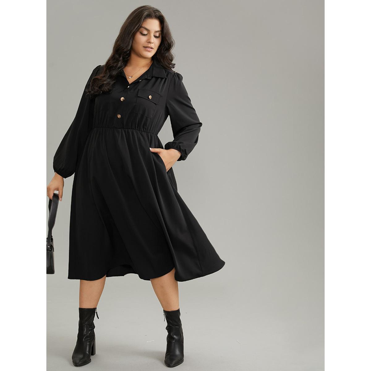 Plus Size Static-Free Plain Button Detail Lantern Sleeve Dress Black Women Office Elastic cuffs Shirt collar Long Sleeve Curvy Midi Dress BloomChic 28/5X Product Image