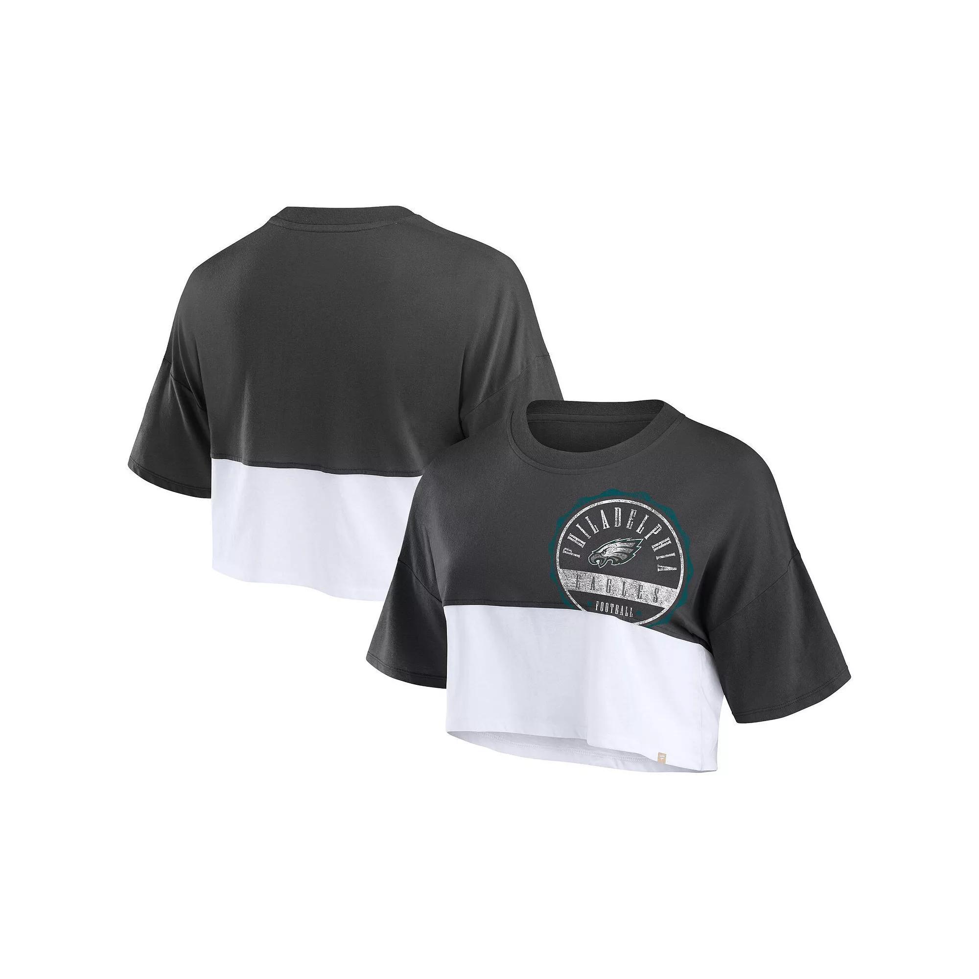 Women's Fanatics Branded Black/White Cincinnati Bengals Boxy Color Split Cropped T-Shirt, Size: Large Product Image