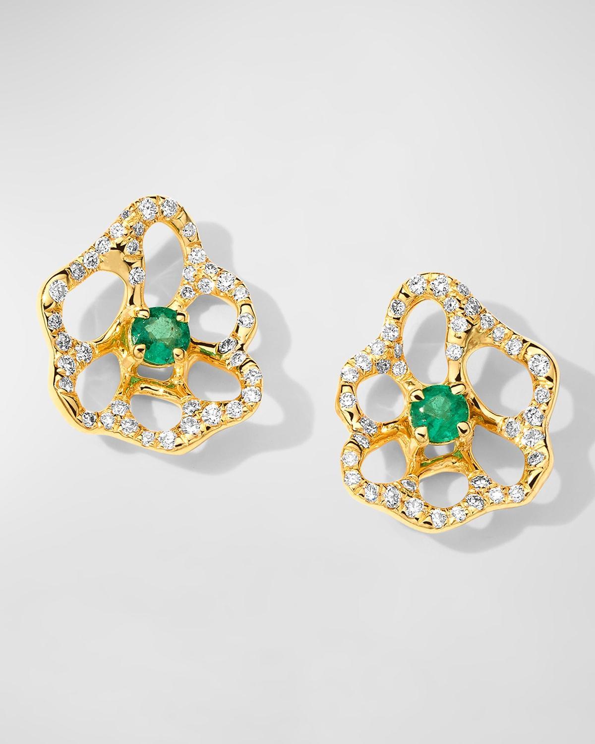 18K Stardust Drizzle Mini Flower Stud Earrings with Green Emerald and Diamonds Product Image