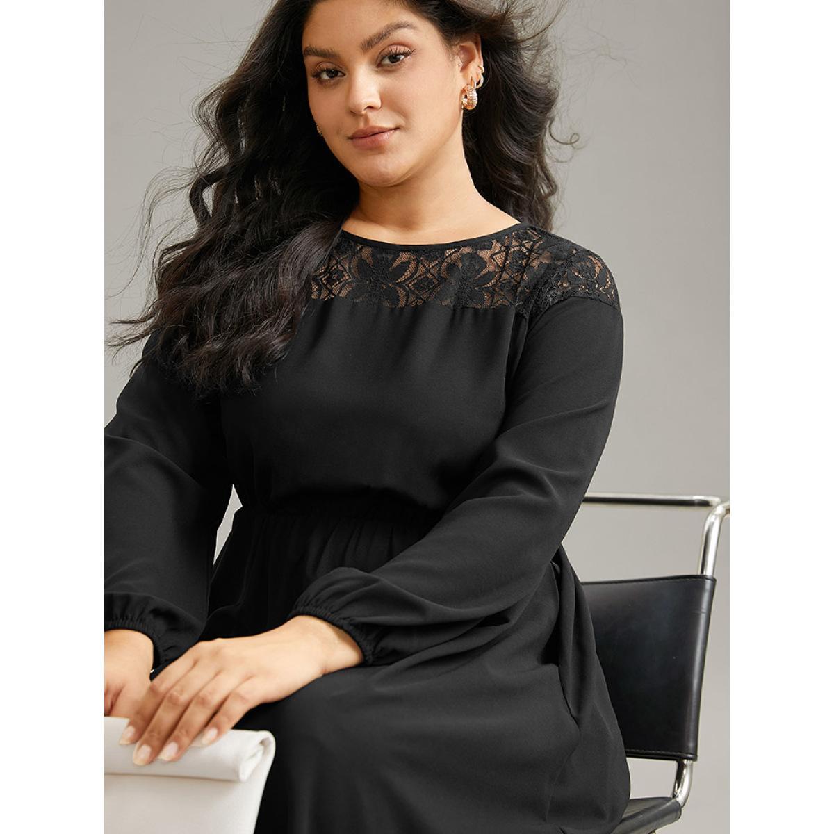 Plus Size Lace Panel Patchwork Lantern Sleeve Dress Black Women At the Office Elastic cuffs Round Neck Long Sleeve Curvy Midi Dress BloomChic 10/M Product Image