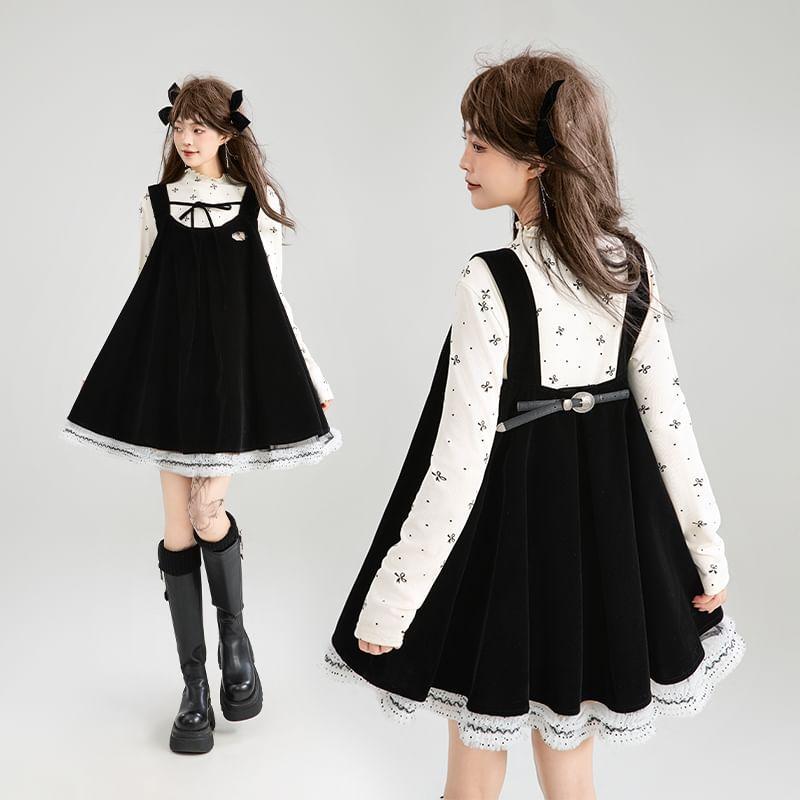Long Sleeve Collared Dotted Shirt / Pleated Buckled Panel Velvet Mini A-Line Overall Dress Product Image