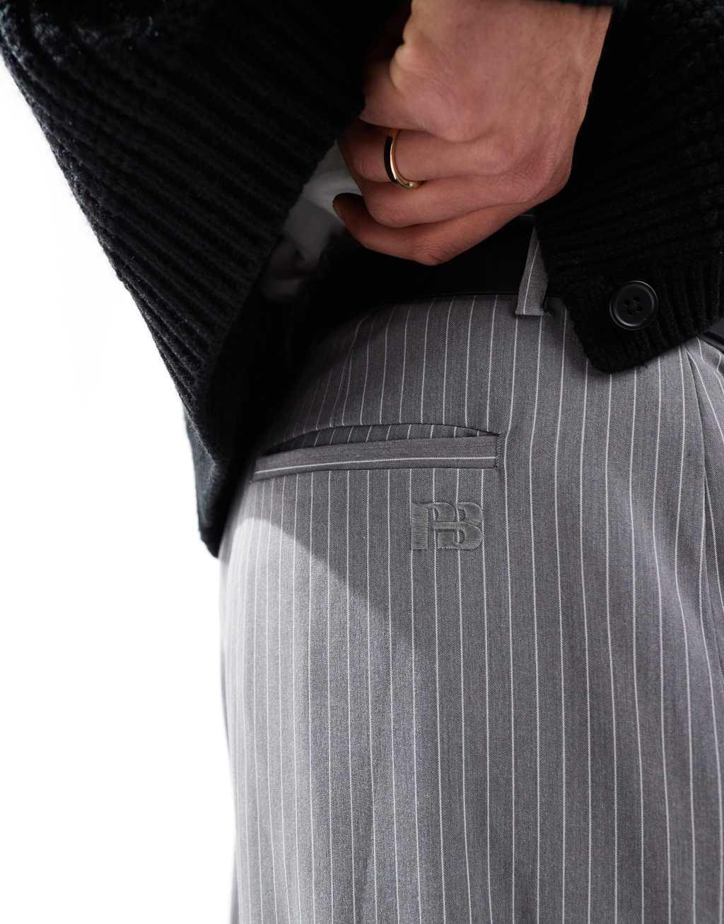 Pull&Bear wide leg tailored stripe pants in gray Product Image