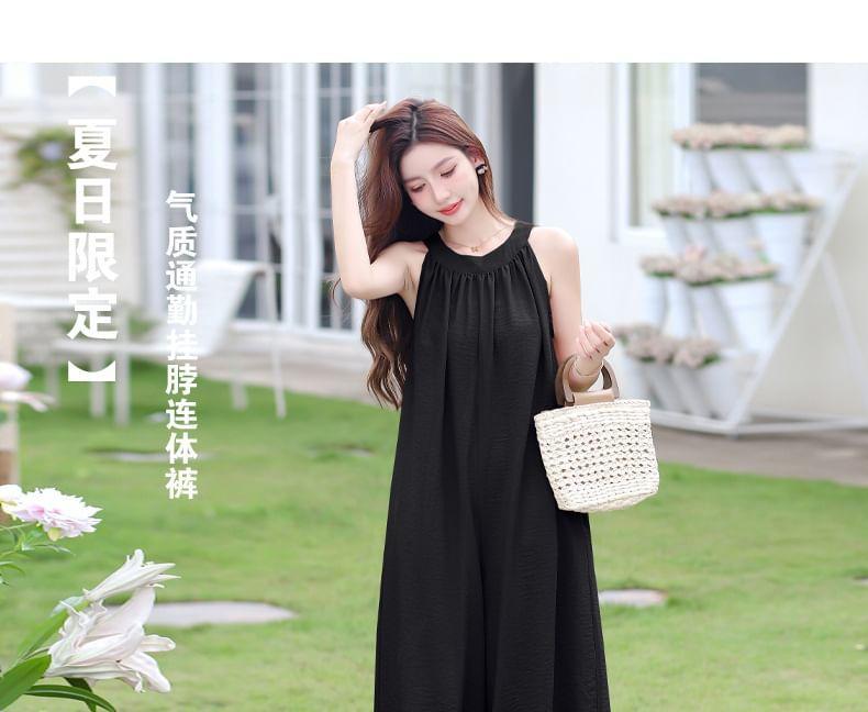 Sleeveless Round Neck Plain Wide Leg Jumpsuit Product Image