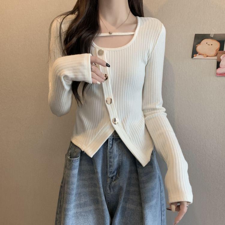 Long-Sleeve Scoop Neck Plain Asymmetrical Ribbed Knit Top Product Image