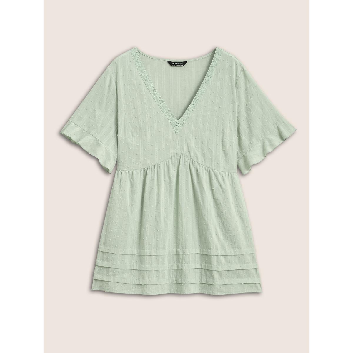 Plus Size Mint Textured Lace Panel Pleated Pocket Blouse Women Casual Short sleeve V-neck Everyday Blouses BloomChic 28/5X Product Image