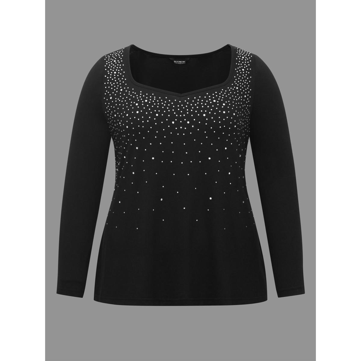 Plus Size Sequin Stretchy Long Sleeve T-shirt Black Women Elegant Rhinestone detailing Heart neckline Everyday T-shirts BloomChic 30/6X Product Image