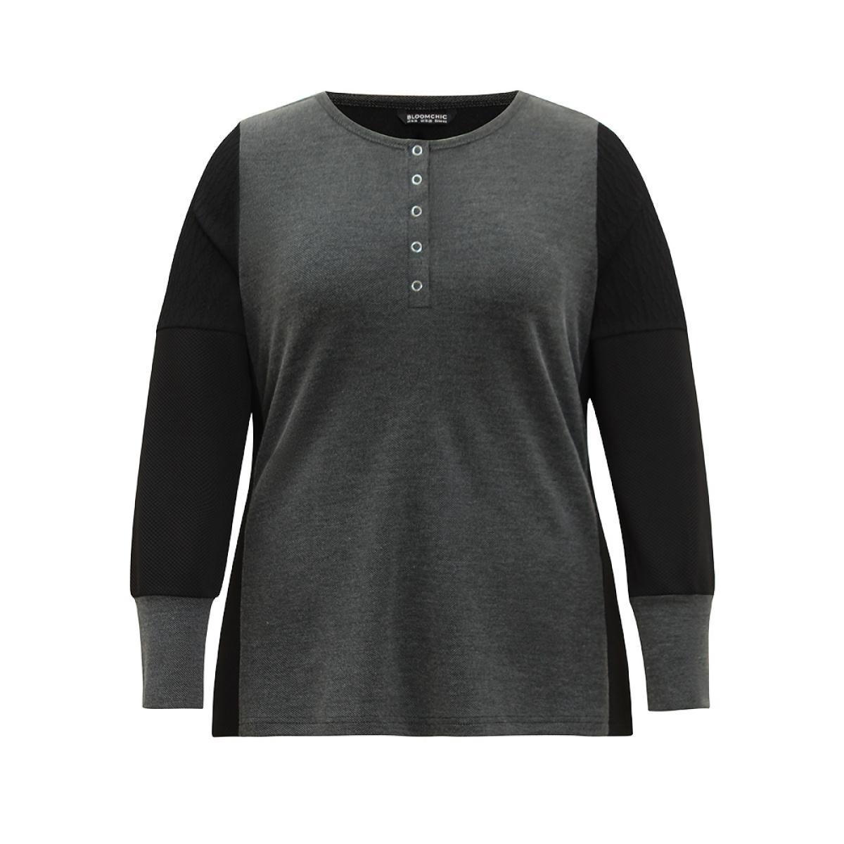 Plus Size Plisse Patchwork Two Tone Button Up T-shirt DimGray Women Casual Texture Plain Open Front Dailywear T-shirts BloomChic 10/M Product Image